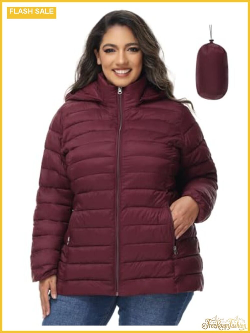 Plus Size Quilted Puffer Jacket Detachable Hood Packable Lightweight
